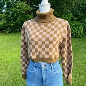 12th Tribe Tan and Brown Checkered Turtleneck Sweater